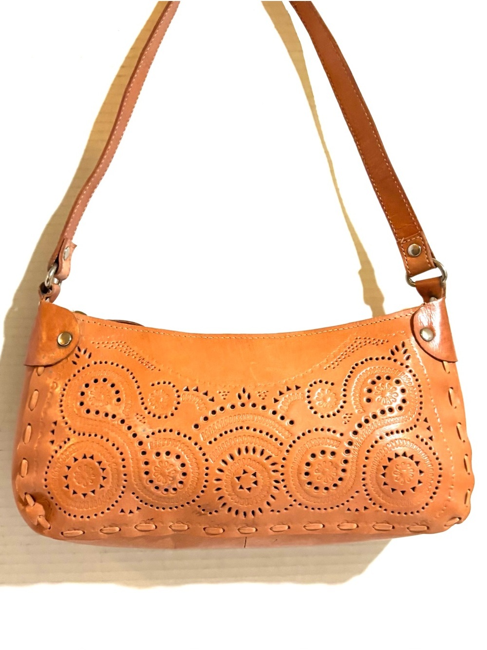 Handcrafted Tan Leather Shoulder Bag with Laser-Cut Detail